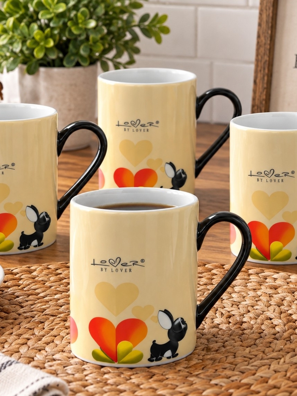 BergHOFF Lover by Lover 4 Mug Set Heart Handles Dog Hearts Porcelain